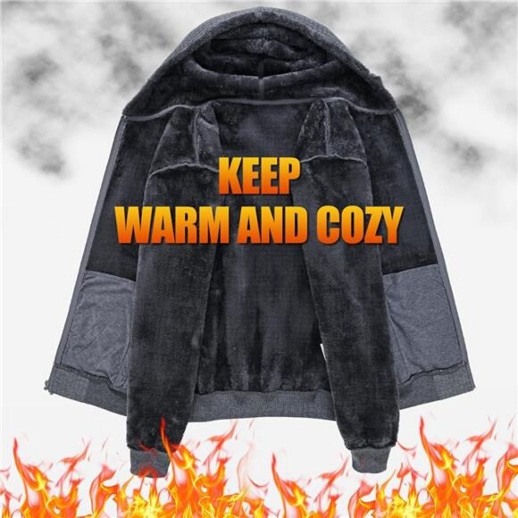 Men's Zip Up Hoodie Heavyweight Fleece Sherpa Lined Sweatshirt Jackets Winter - Picture 3 of 6